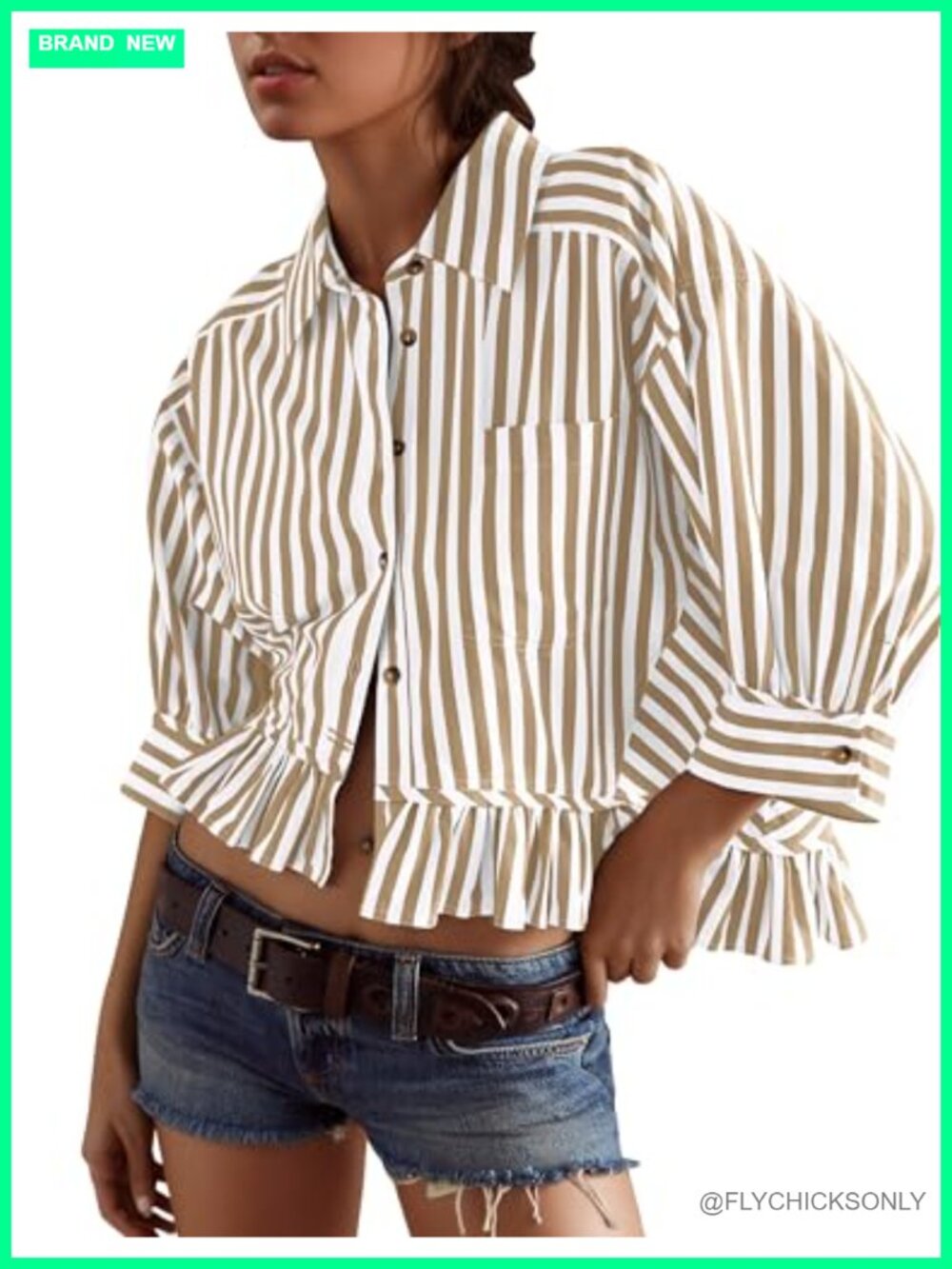 Women's 3/4 Sleeve Button Down Cotton Blend Blouse Ruffle Hem
